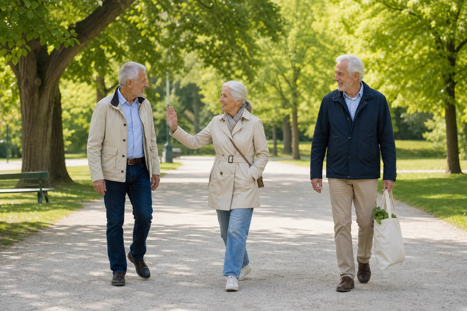 Older adults walking naturally along a bright park path