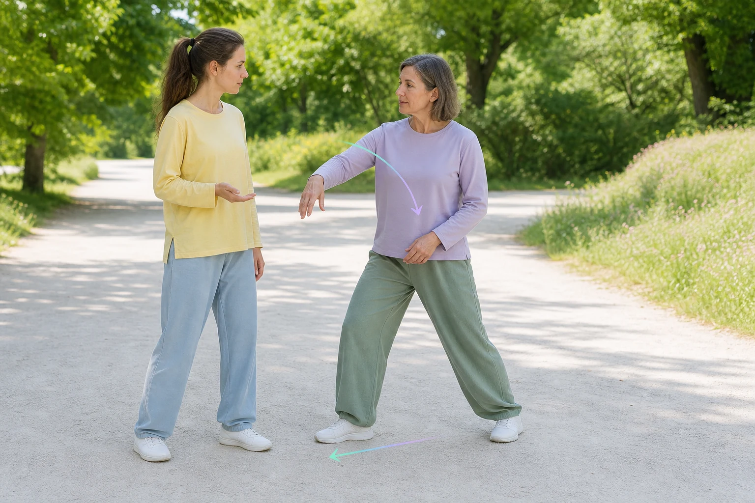 A woman instructor over 40 calmly explains one Tai Chi movement correction to a participant on a light path in a green park