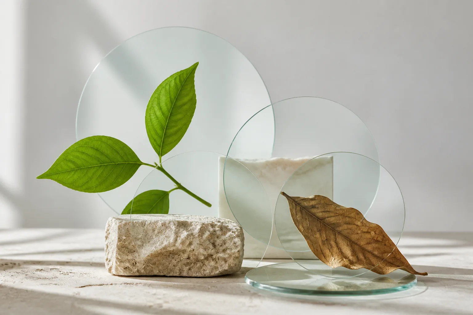 Translucent circular glass forms with leaves and pale stone