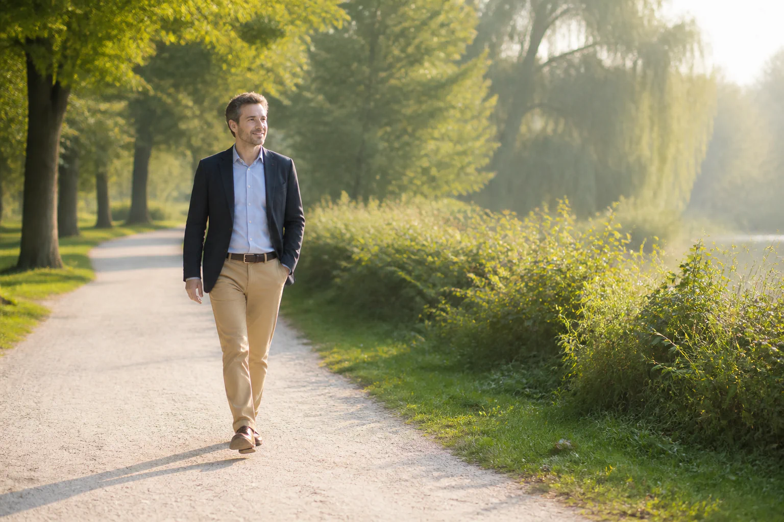 An adult man in ordinary work clothes walks along a pale path beside greenery during a short break
