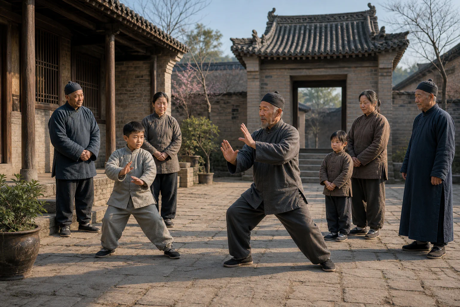 Pokojná výučba pohybu na nádvorí historickej dediny v provincii Henan