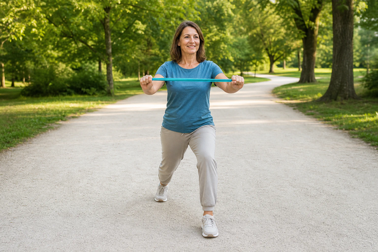 A smiling woman in her forties with her full head, hands and feet visible performs a controlled lunge with a resistance band on a pale park path