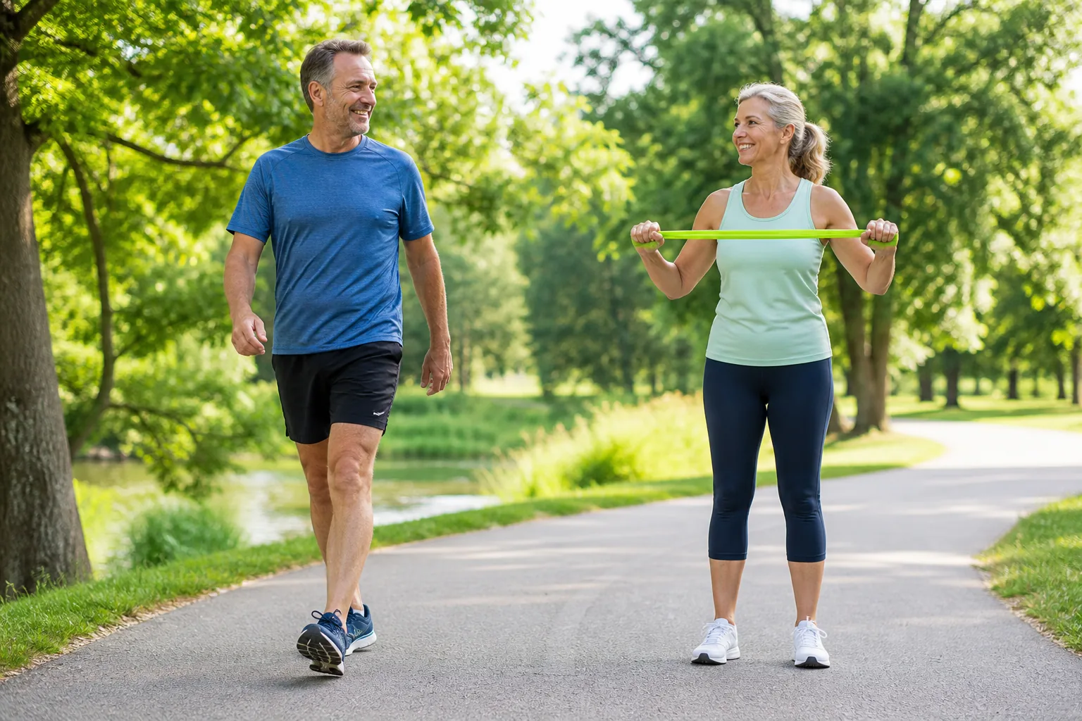 A smiling woman and man over 50 make calm resistance-band movements on a park path