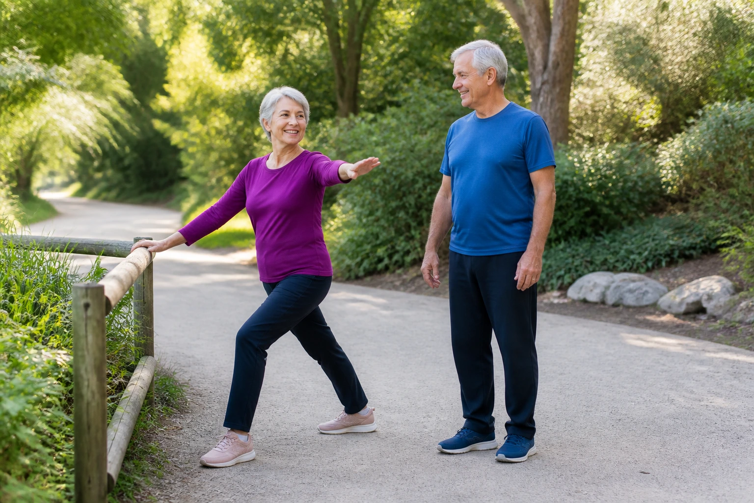 A smiling woman over 60 returns to simple supported movement on a park path beside an encouraging friend
