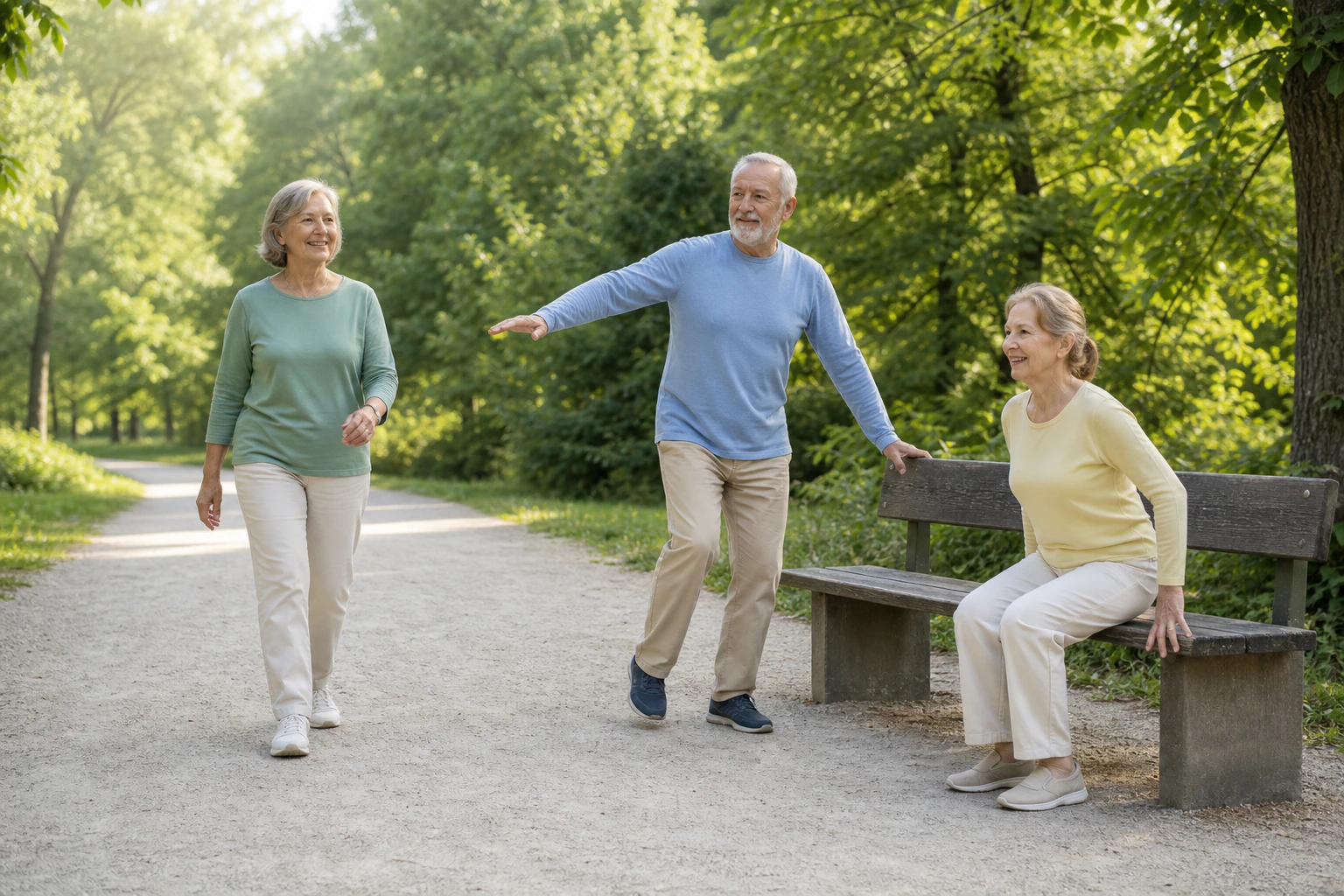 Three smiling older adults with heads fully visible combine walking, balance and standing from a bench in a green park