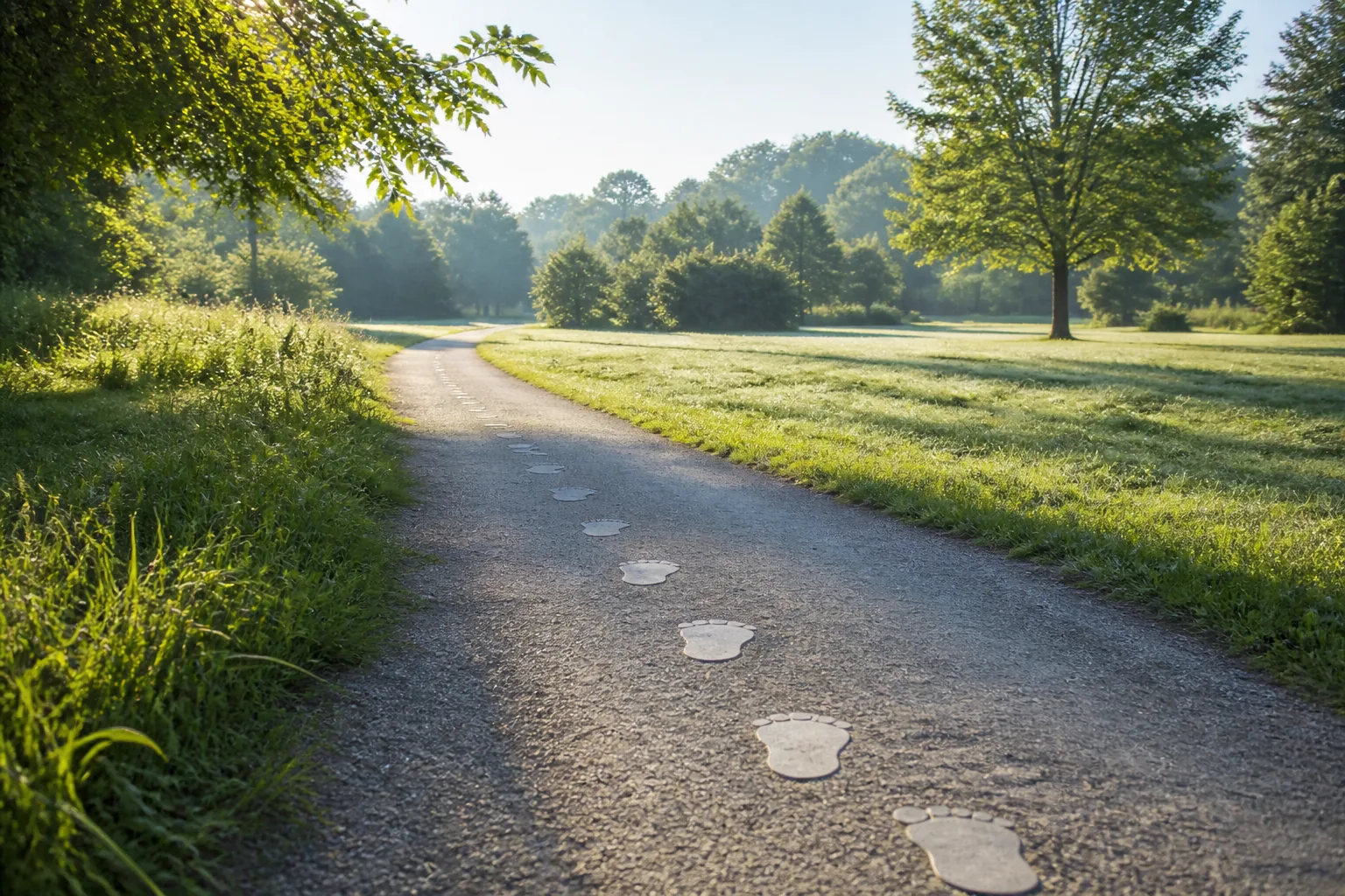 Pale stone footprints lead along a quiet morning path in a green park