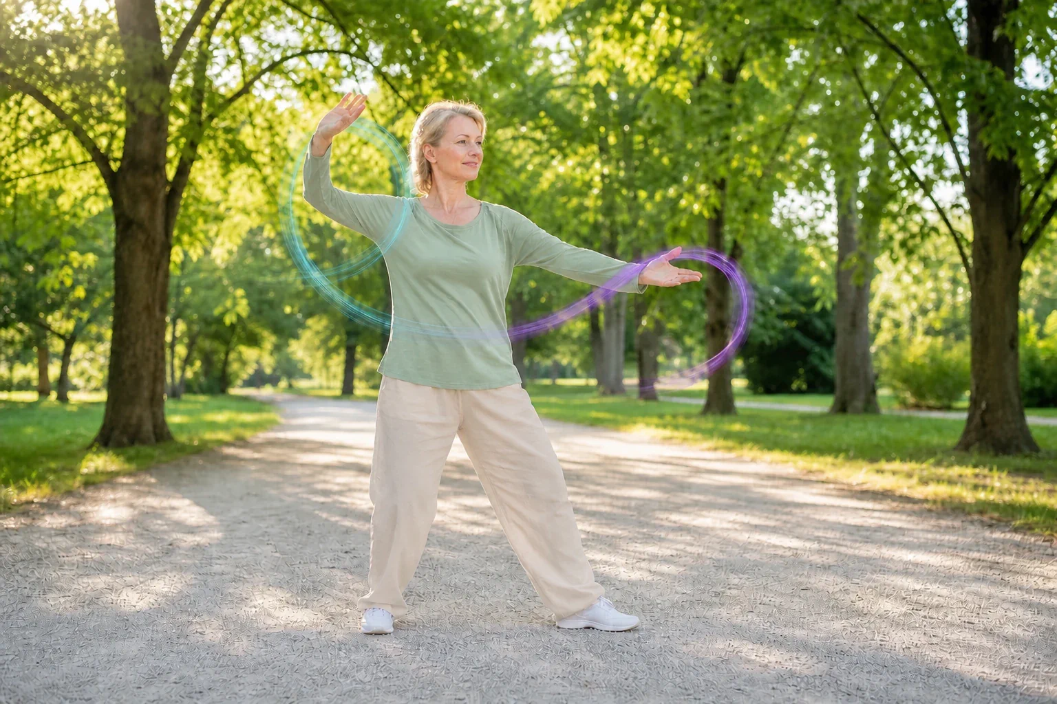 Calm Tai Chi practice with a natural stance and clear space