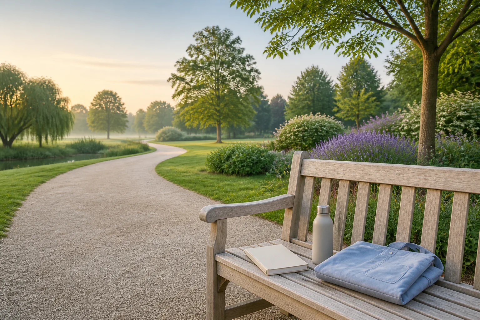 A quiet park path at sunrise and a bench holding a blank notebook, water bottle and folded blue shirt before the workday