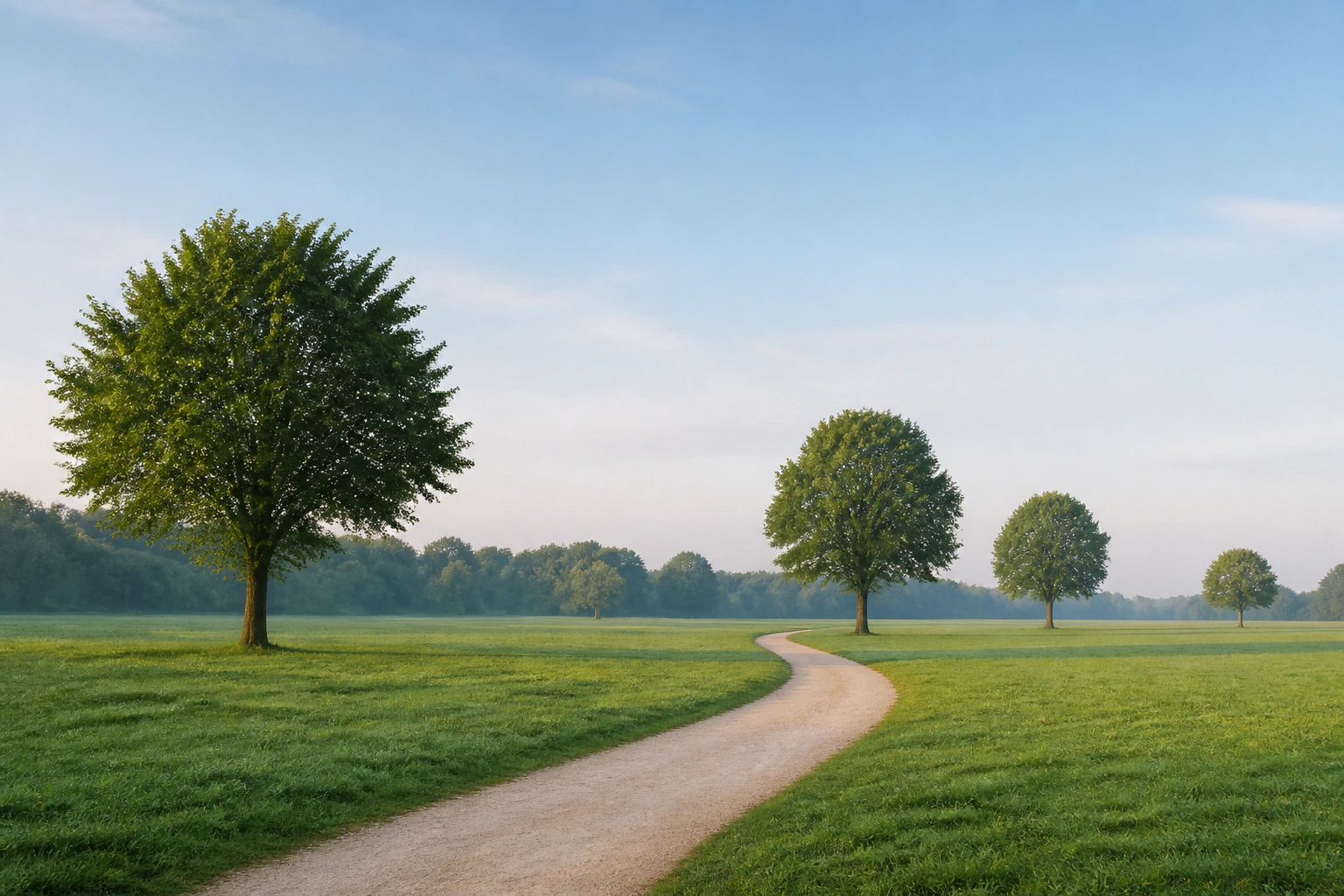 A light winding path runs through a green park of mature trees as a neutral image of regular movement over time