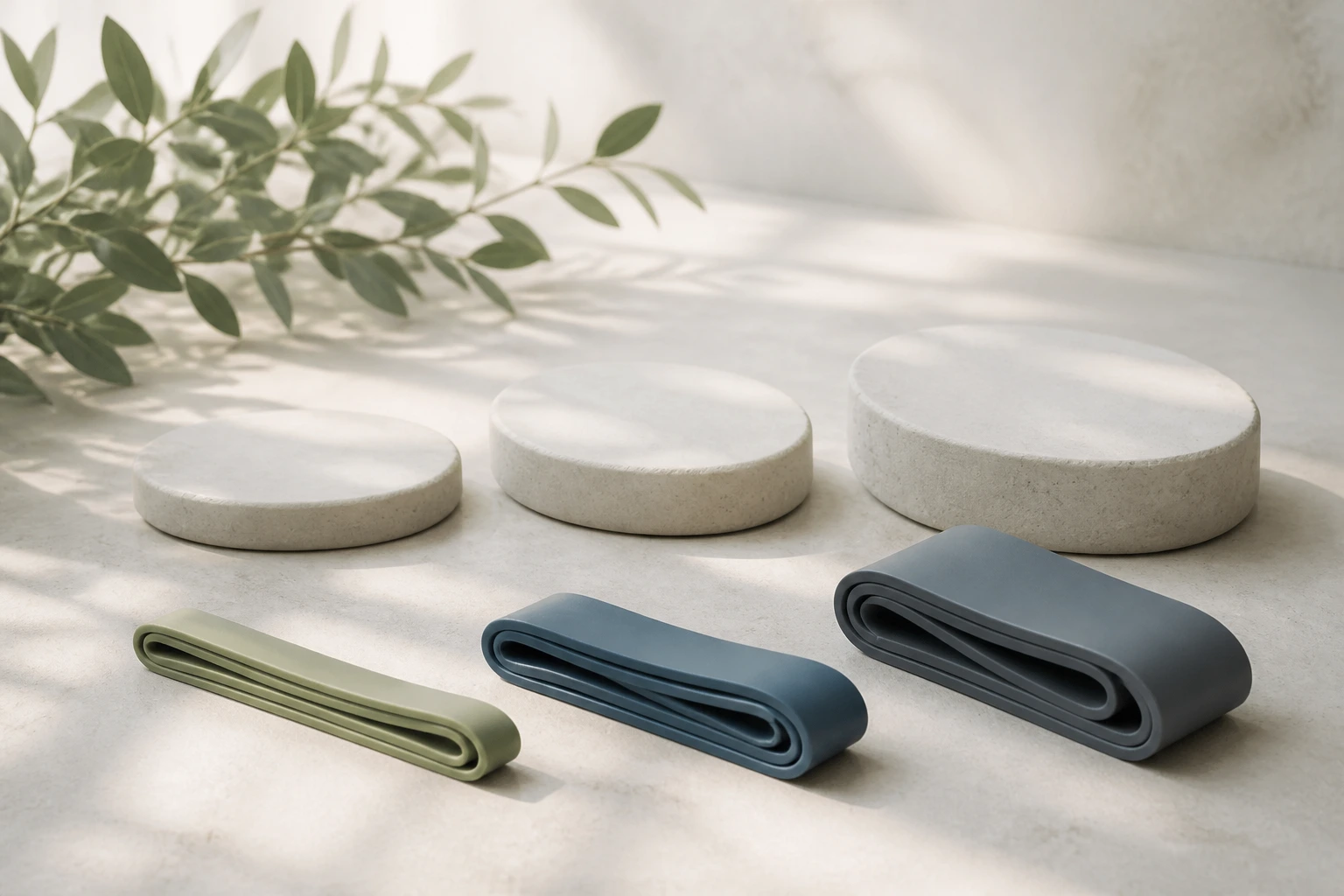 Three resistance bands of different thickness beside three low stone steps and a green branch