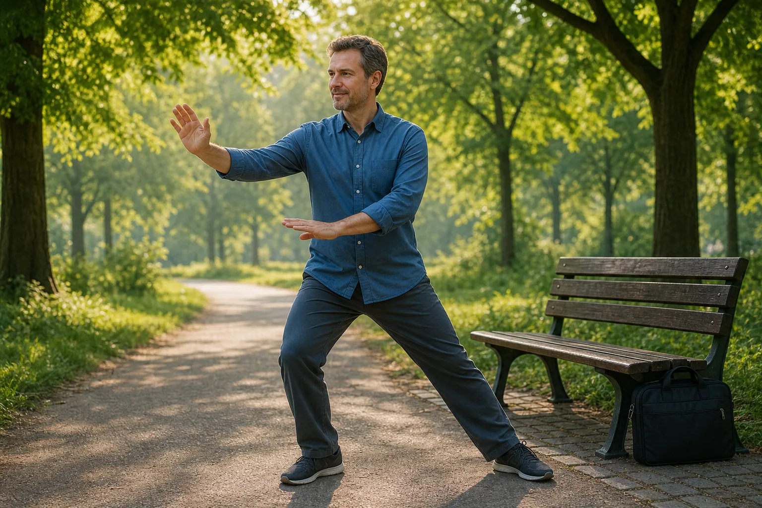 Muž v modrej košeli cvičí Tai Chi pri lavičke s pracovnou taškou v zelenom parku
