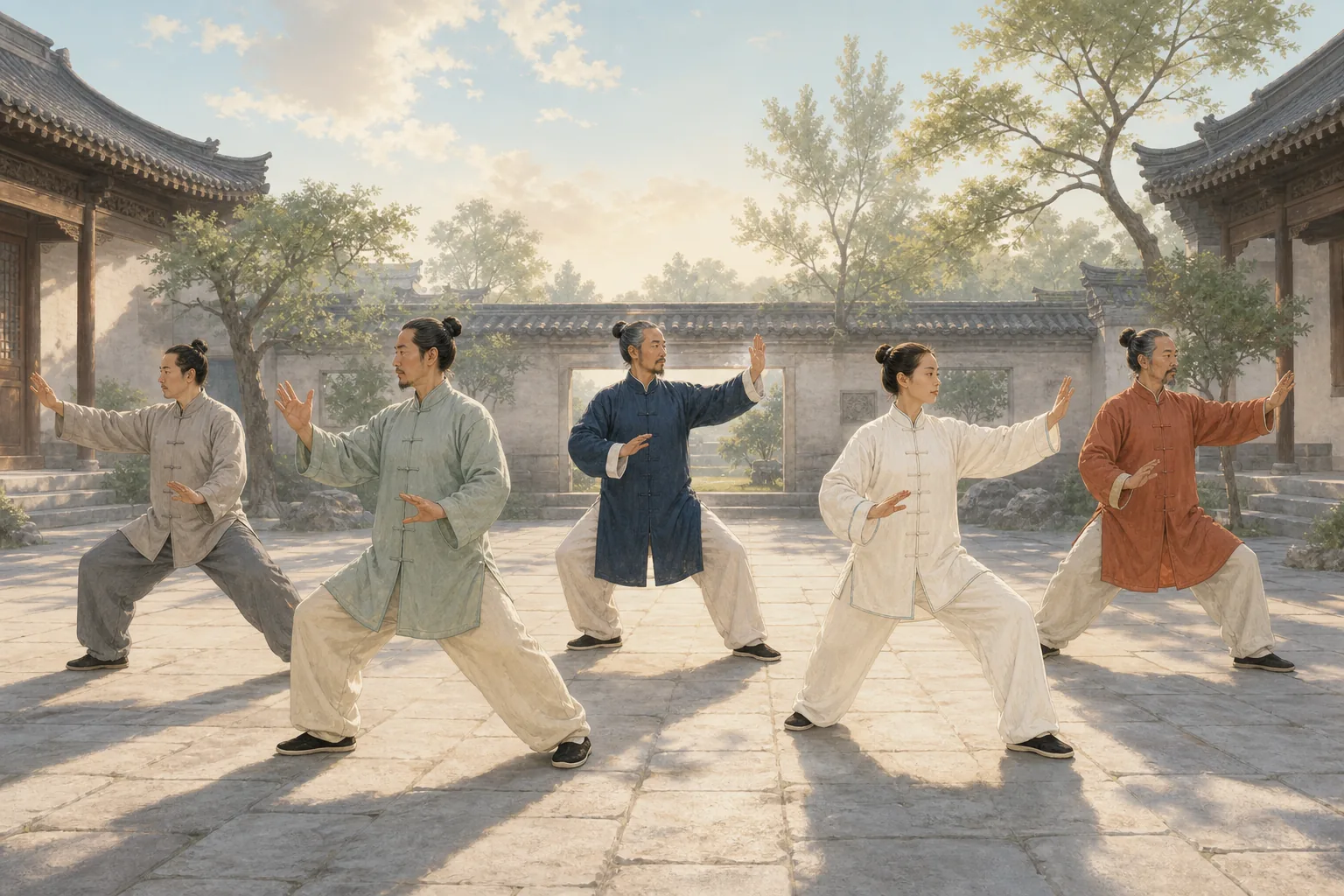 Five people in calm Tai Chi stances in a historic courtyard