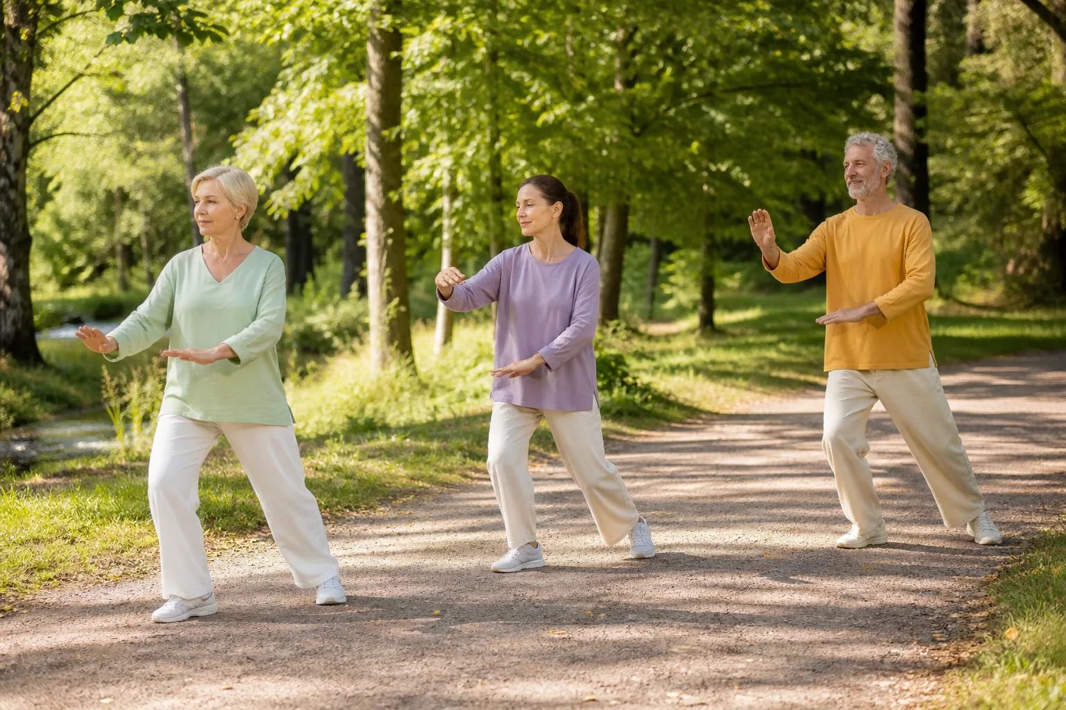 Three smiling adults practise calm Tai Chi movements on a green park path