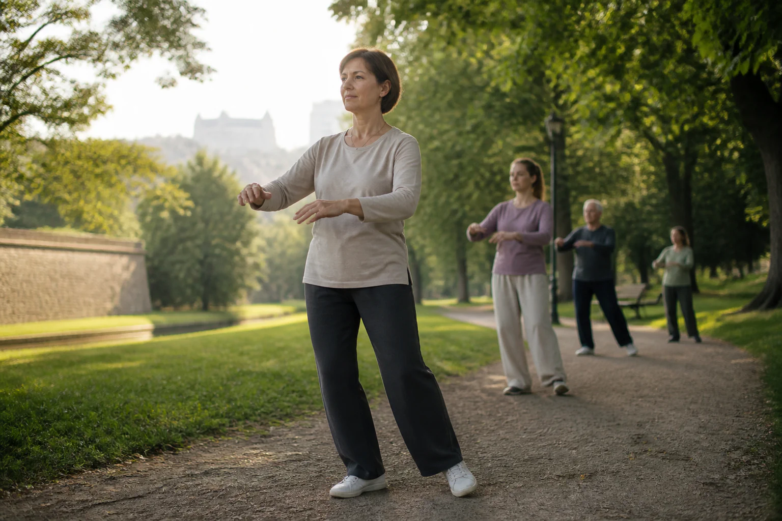 Dospelý človek v pokojnom postoji Tai Chi na zelenej parkovej ceste