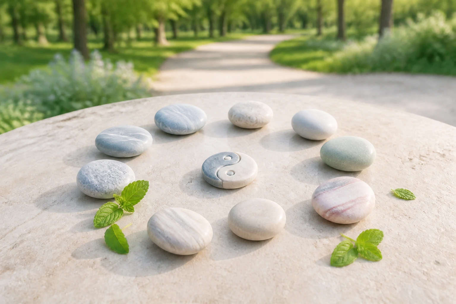 A circle of pale river pebbles around a taiji stone in a morning park