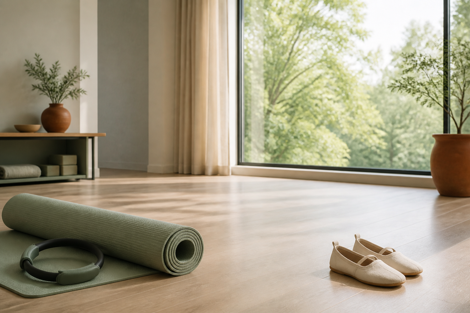 A bright studio with a Pilates mat and ring on one side and clear standing space with simple Tai Chi shoes on the other