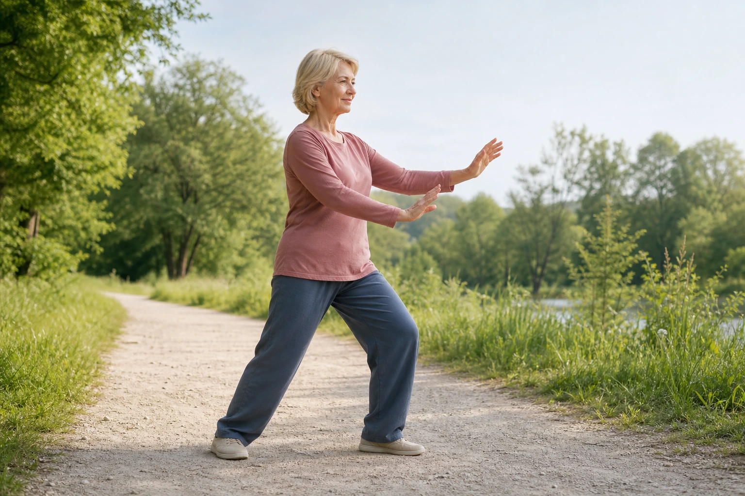 A woman seen from the side calmly shifts weight between her feet on a light park path