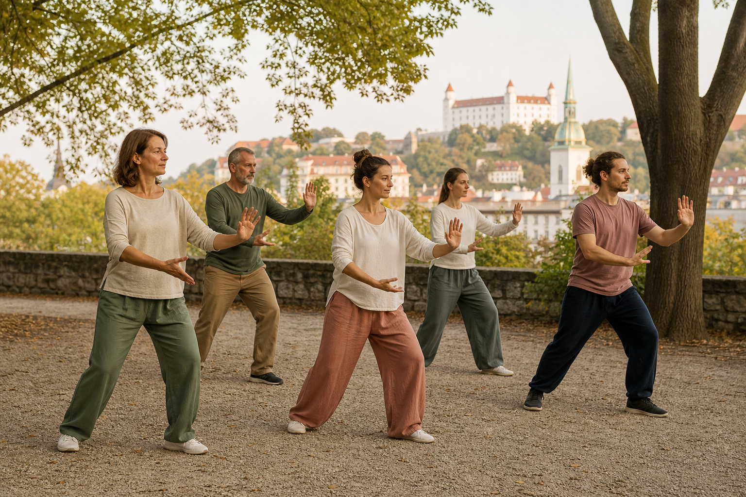 Päť dospelých v bežnom oblečení cvičí pokojne Tai Chi vedľa seba v bratislavskom parku
