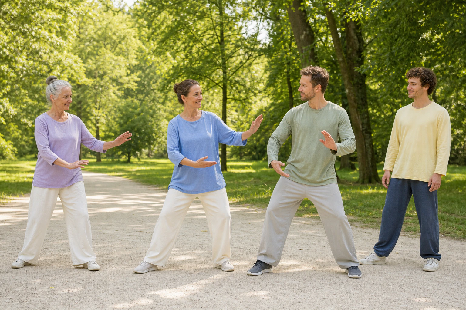 A smiling instructor calmly offers a technical correction to an adult participant in a small Tai Chi group in a green park