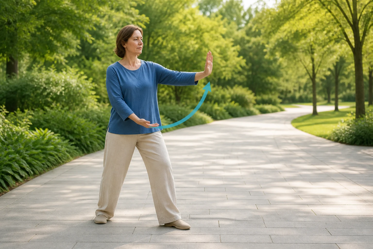 A woman over forty practises a short morning Tai Chi routine with her full body visible on a light path in a green park