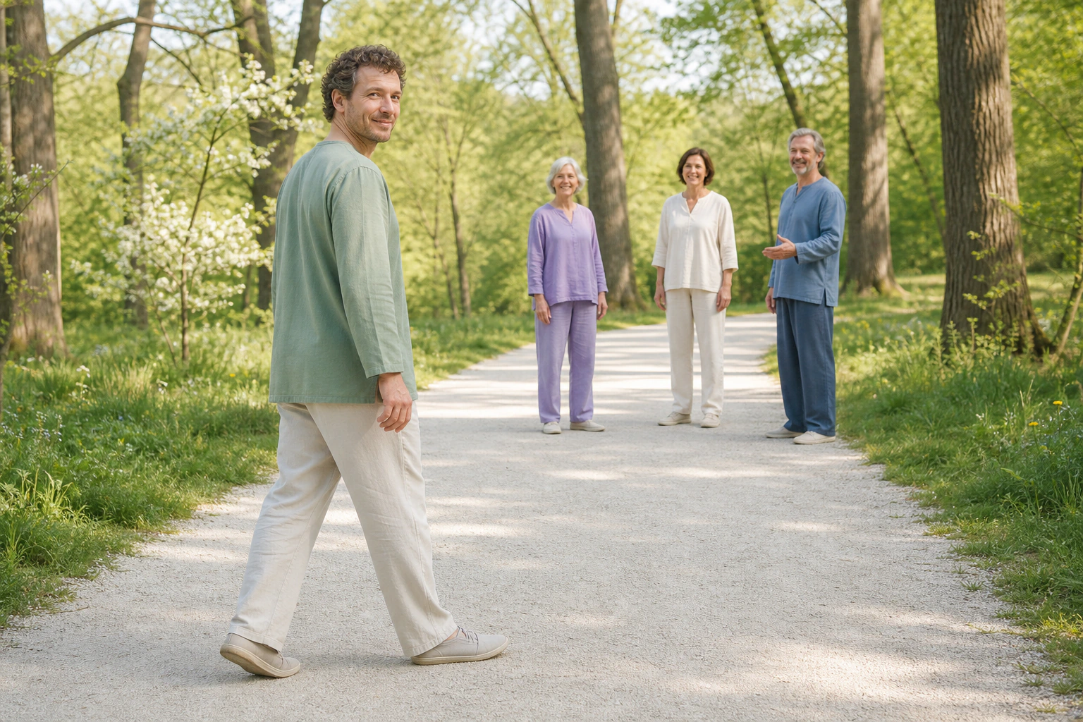 An adult man takes a calm first step towards a small Tai Chi group on a light park path