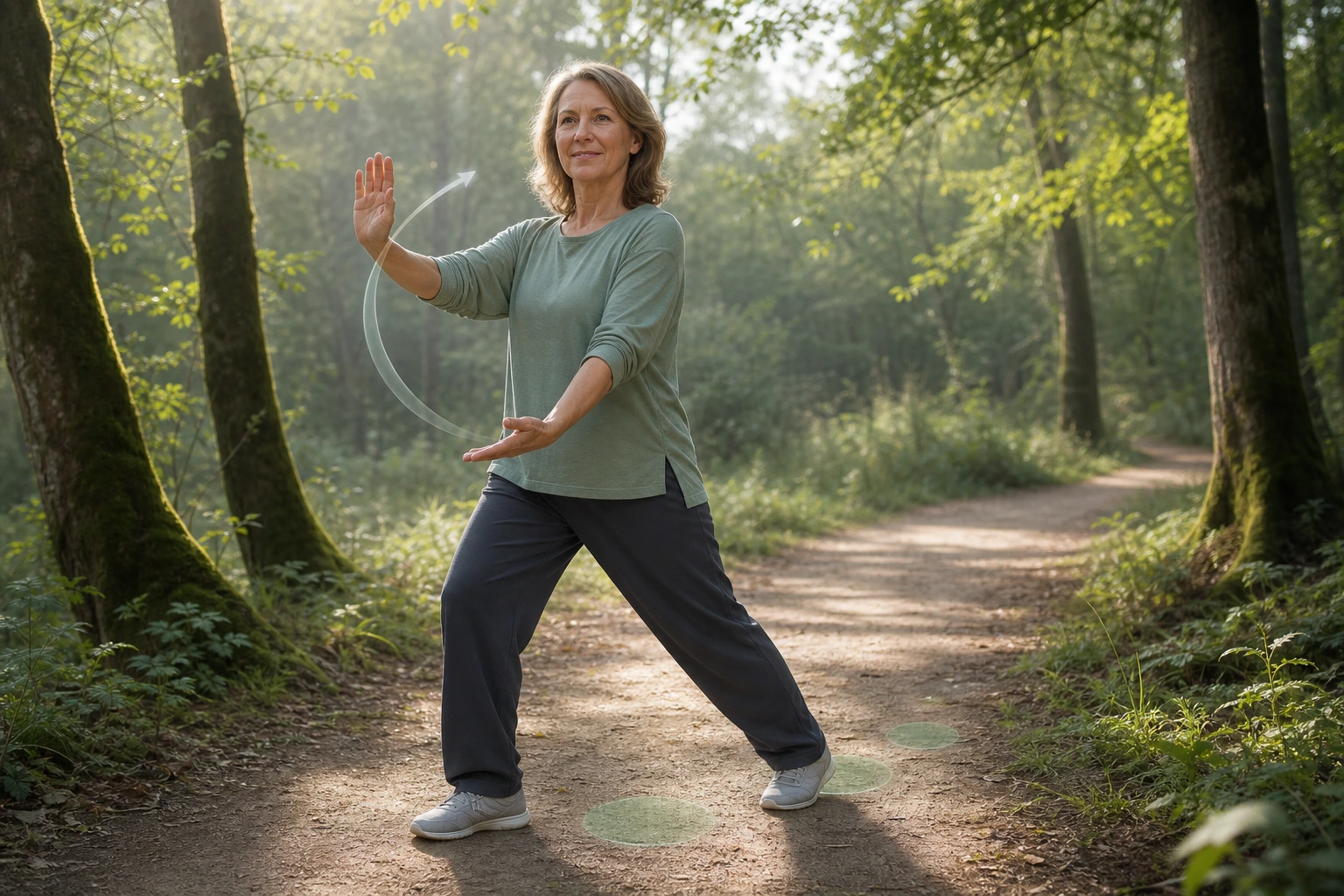 A smiling woman practises a slow Tai Chi transition with a subtle arm trajectory and weight-transfer markers