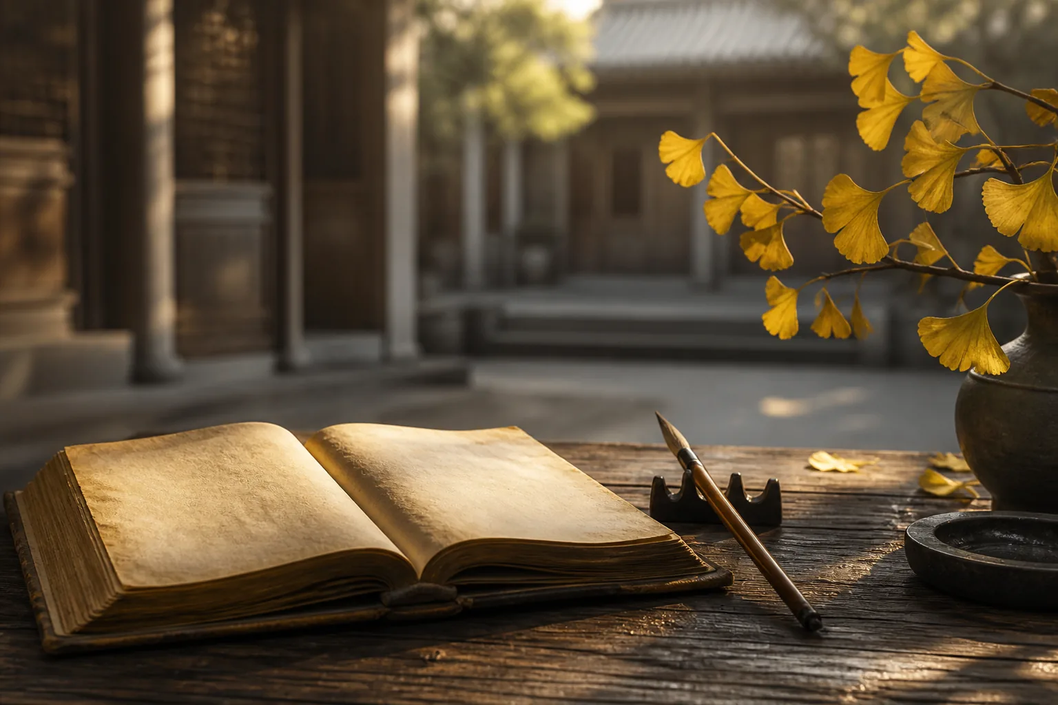 Open old book, brush and golden ginkgo leaves in a quiet courtyard