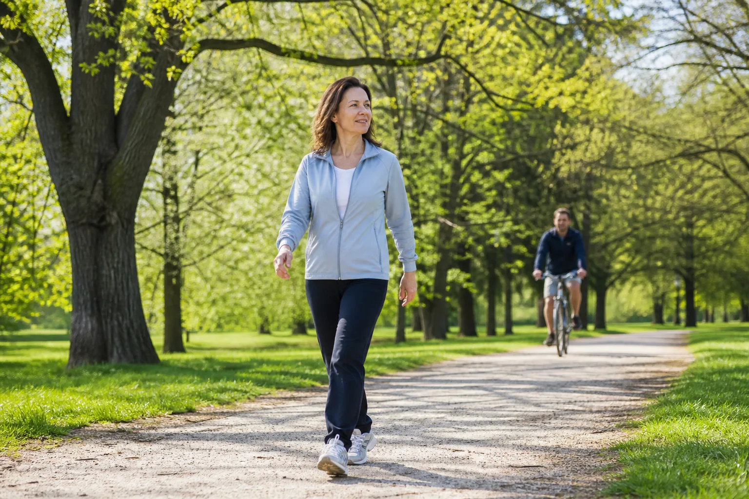 Woman walking briskly with a relaxed smile on a sunny green park path
