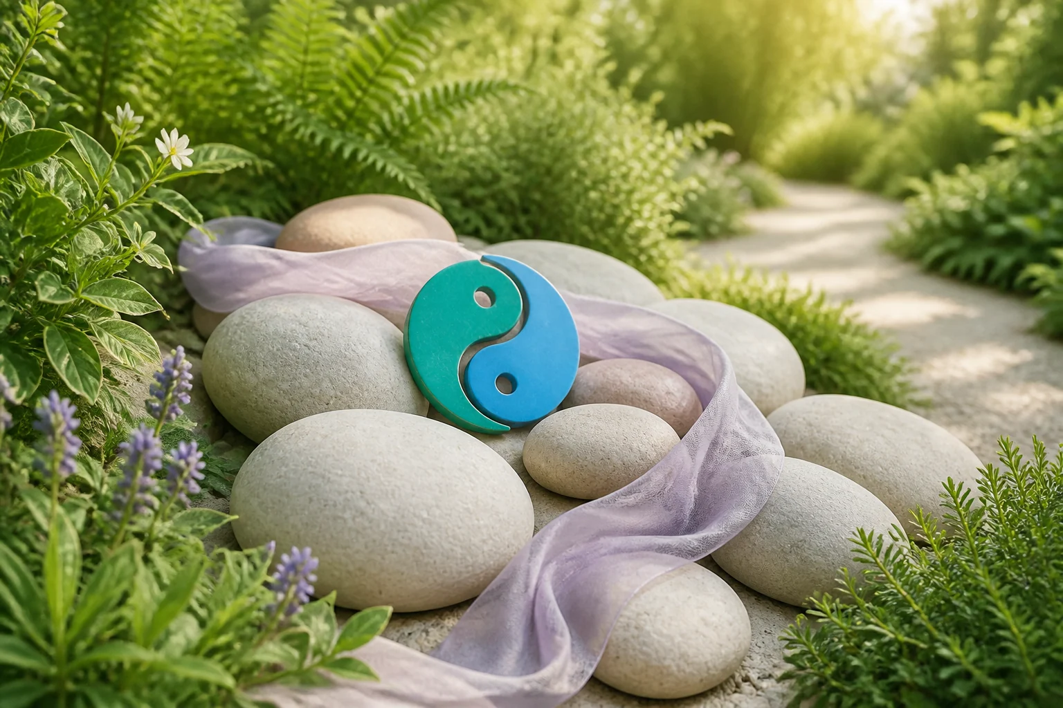 Pale stones, a flowing ribbon and a taiji symbol in a calm morning garden