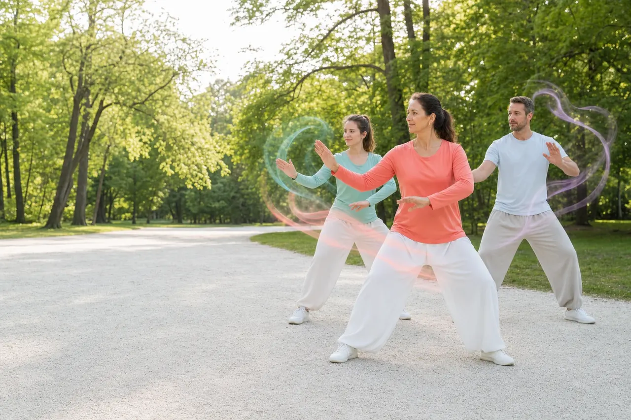 Lektorka vedie rannú skupinu Tai Chi v bratislavskom parku.